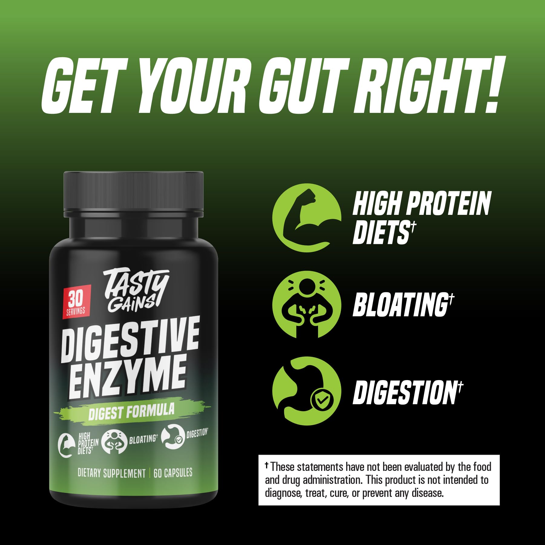 TASTY GAINS probiotic-prebiotic blend label showcases gut health support for a balanced microbiome.