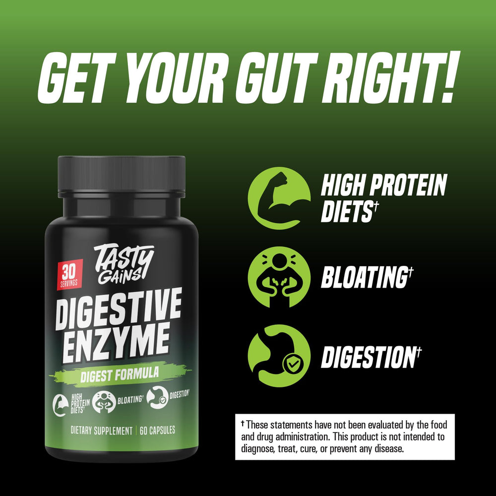 TASTY GAINS probiotic-prebiotic blend label showcases gut health support for a balanced microbiome.