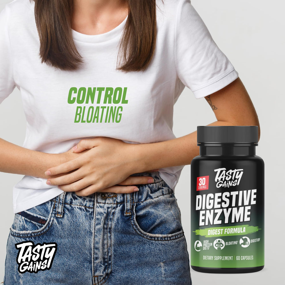 TASTY GAINS two-capsules daily-serve tablet image communicates easy daily digestion support.