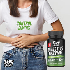 TASTY GAINS two-capsules daily-serve tablet image communicates easy daily digestion support.
