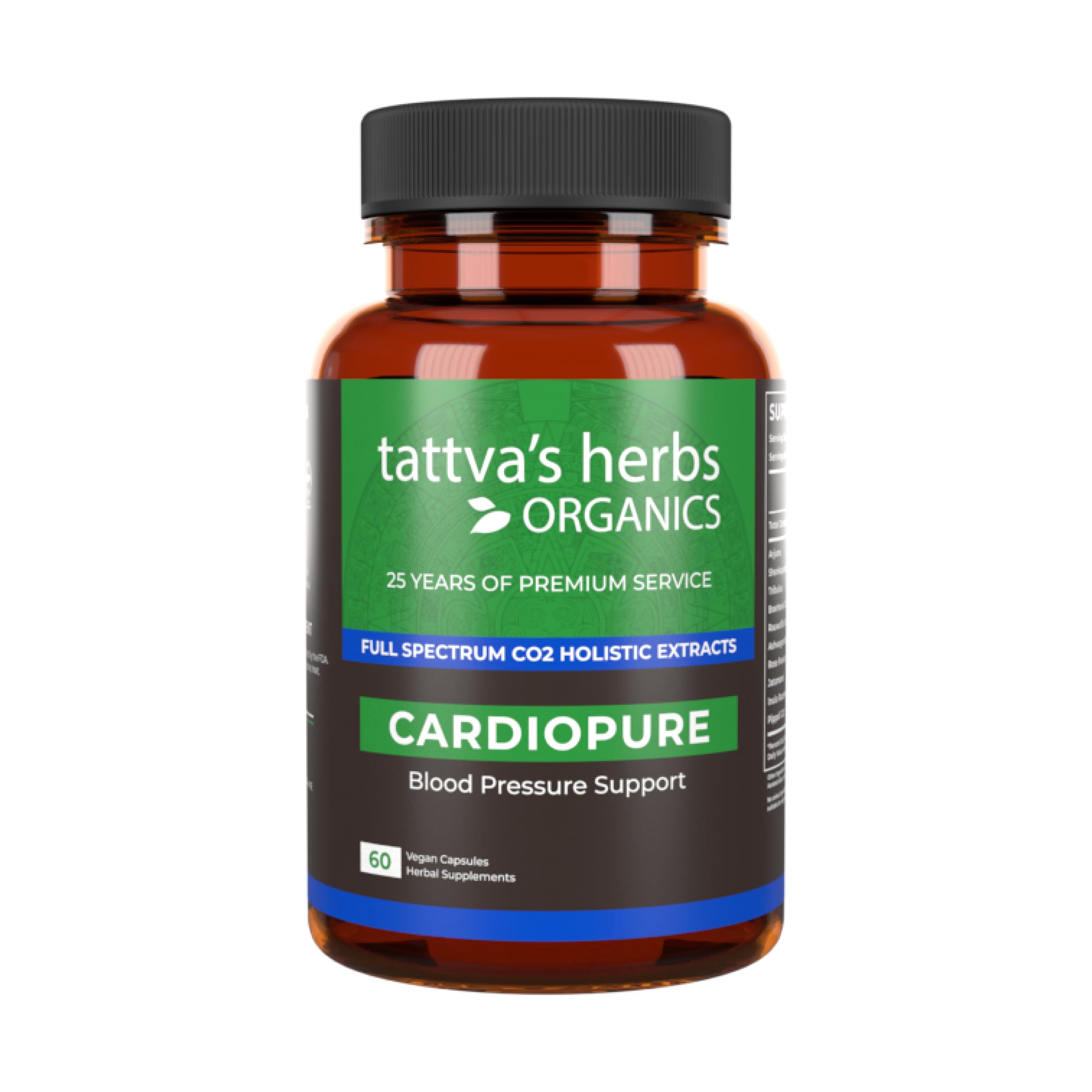 Tattva's Herbs Cardiopure bottle close-up with veggie capsules for daily wellness