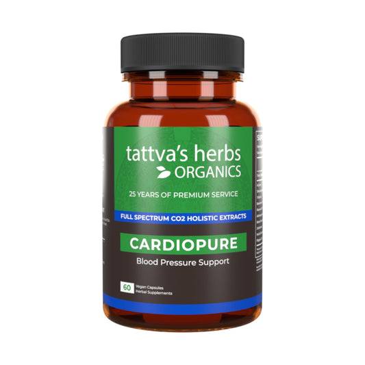 Tattva's Herbs Cardiopure bottle close-up with veggie capsules for daily wellness