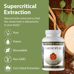Tattva's Cardiopure capsules close-up suggests Ayurvedic heritage and natural sourcing.