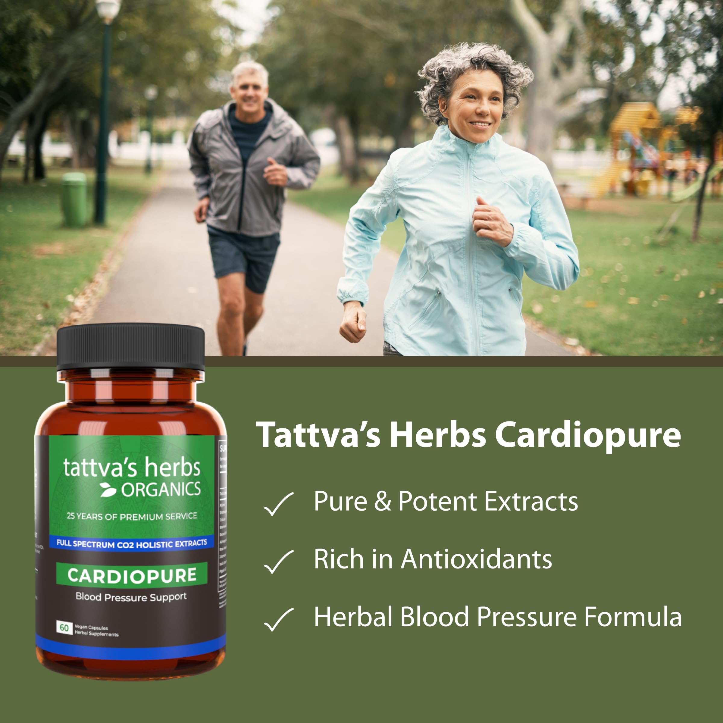 Close-up of Cardiopure ingredients: Ashwagandha, Rauwolfia, Arjuna with CO2 extracts