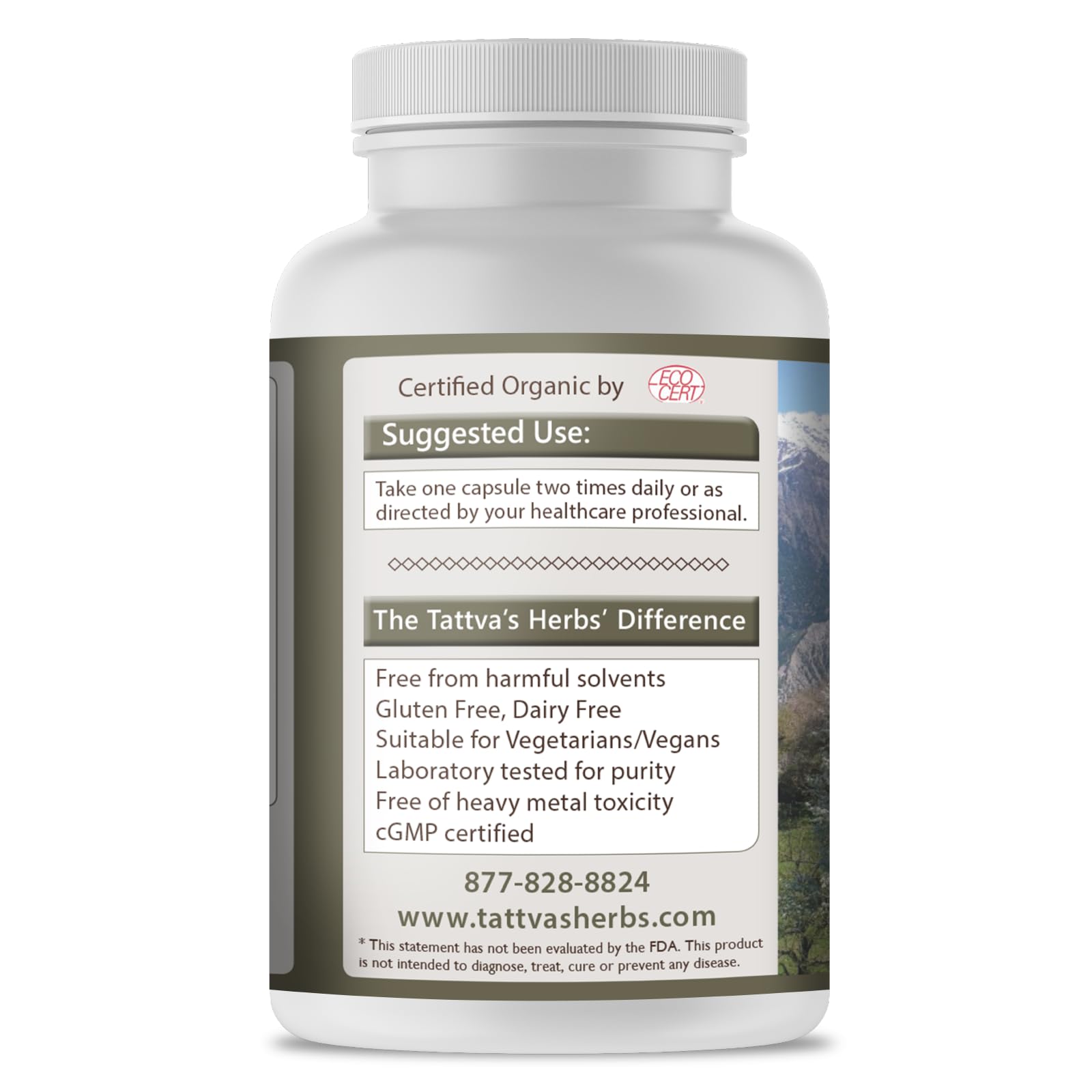 Tattva's Herbs Non-GMO label – commitment to purity and clear packaging.