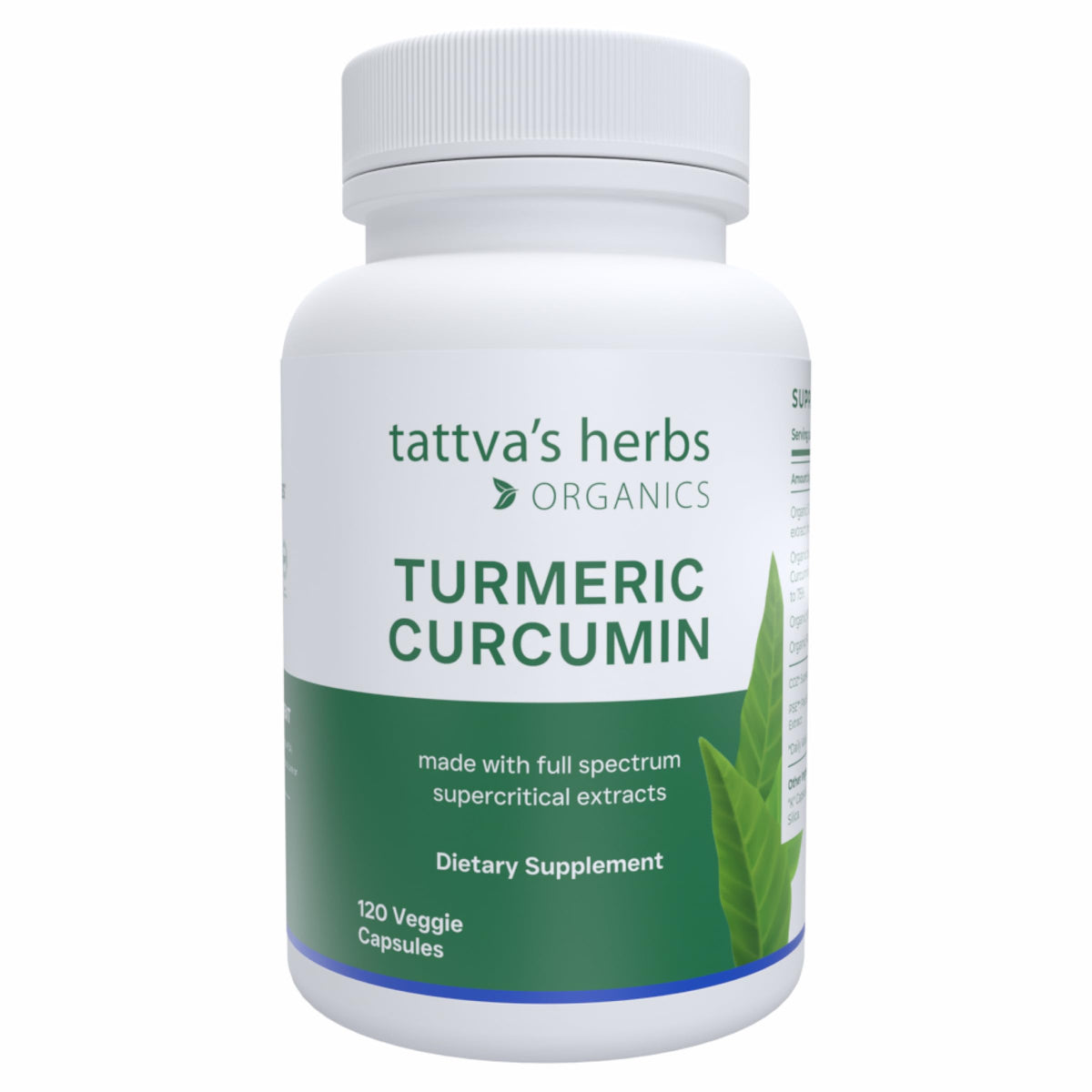 Tattva's Herbs Turmeric Curcumin bottle on table for daily antioxidant support.