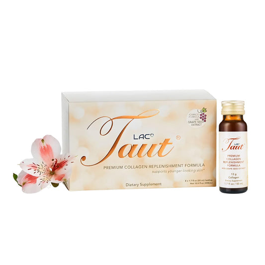 TAUT Liquid Collagen bottle highlighting glow and hydration benefits for skin.