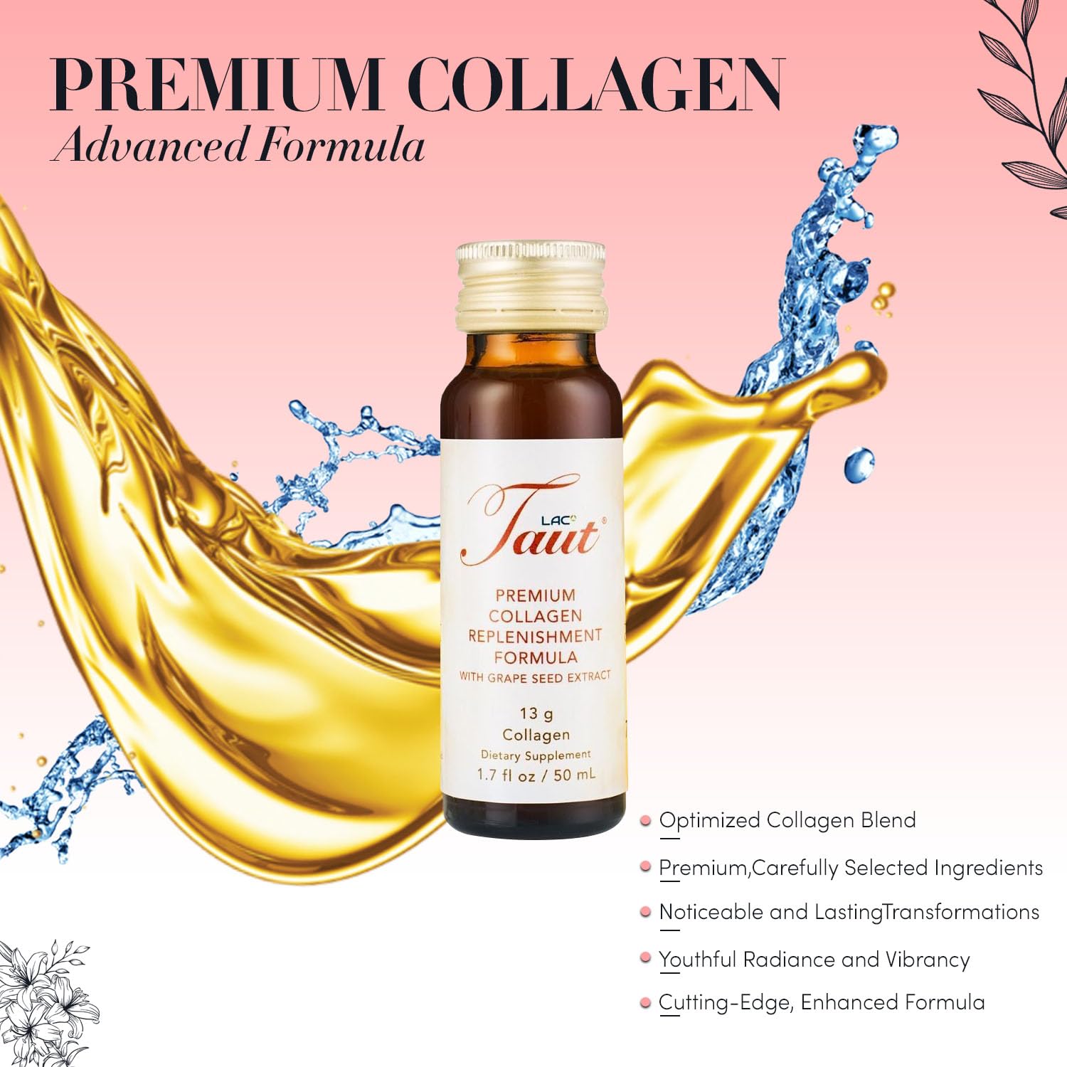 TAUT Liquid Collagen orange-taste bottle emphasizing tasty daily skincare support.