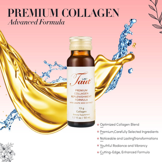 TAUT Liquid Collagen orange-taste bottle emphasizing tasty daily skincare support.