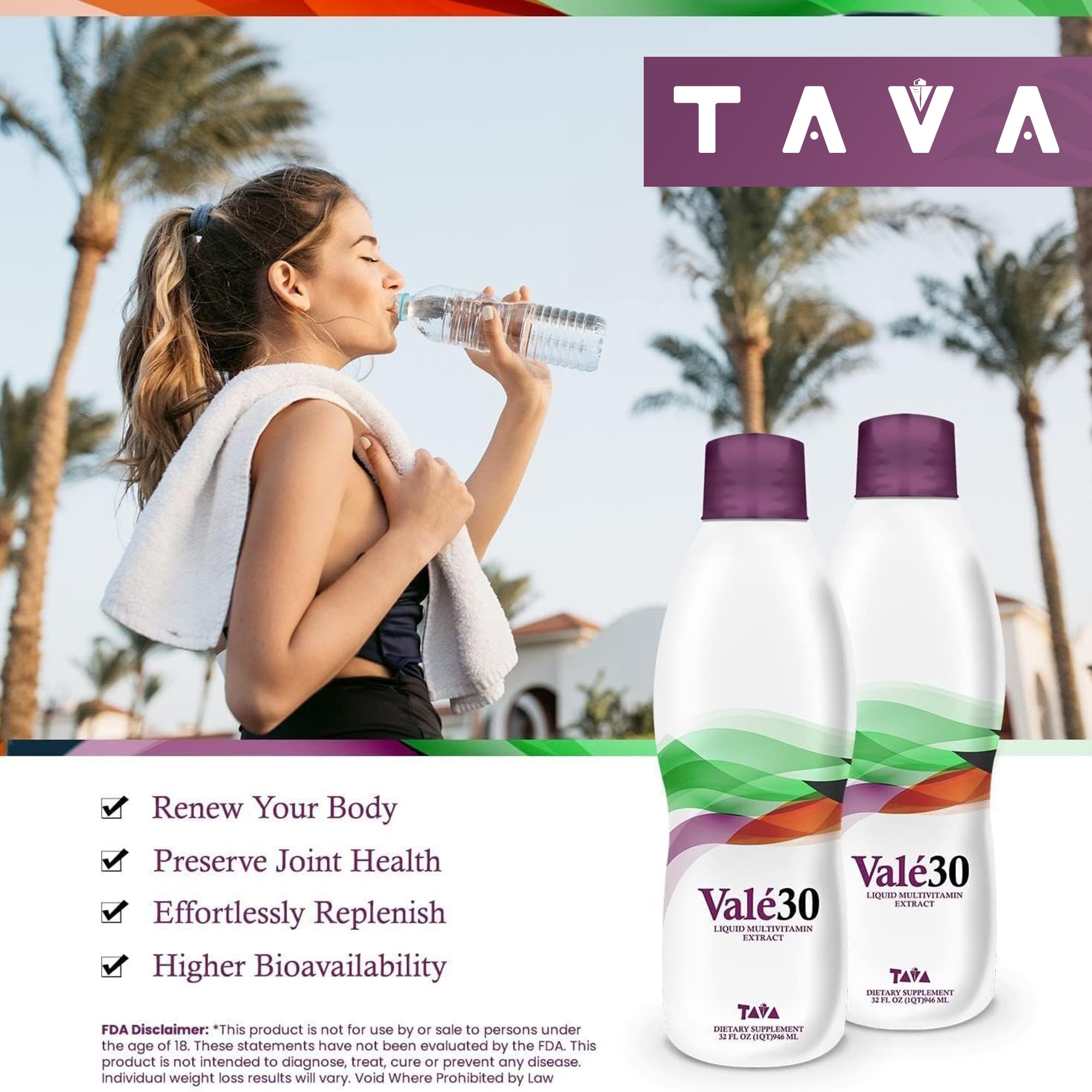 Vale30 bottle label highlighting vitamins A and B complex for energy support.