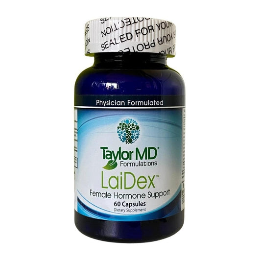 Taylor MD LaiDex RX bottle with 60 capsules supporting hormone balance.