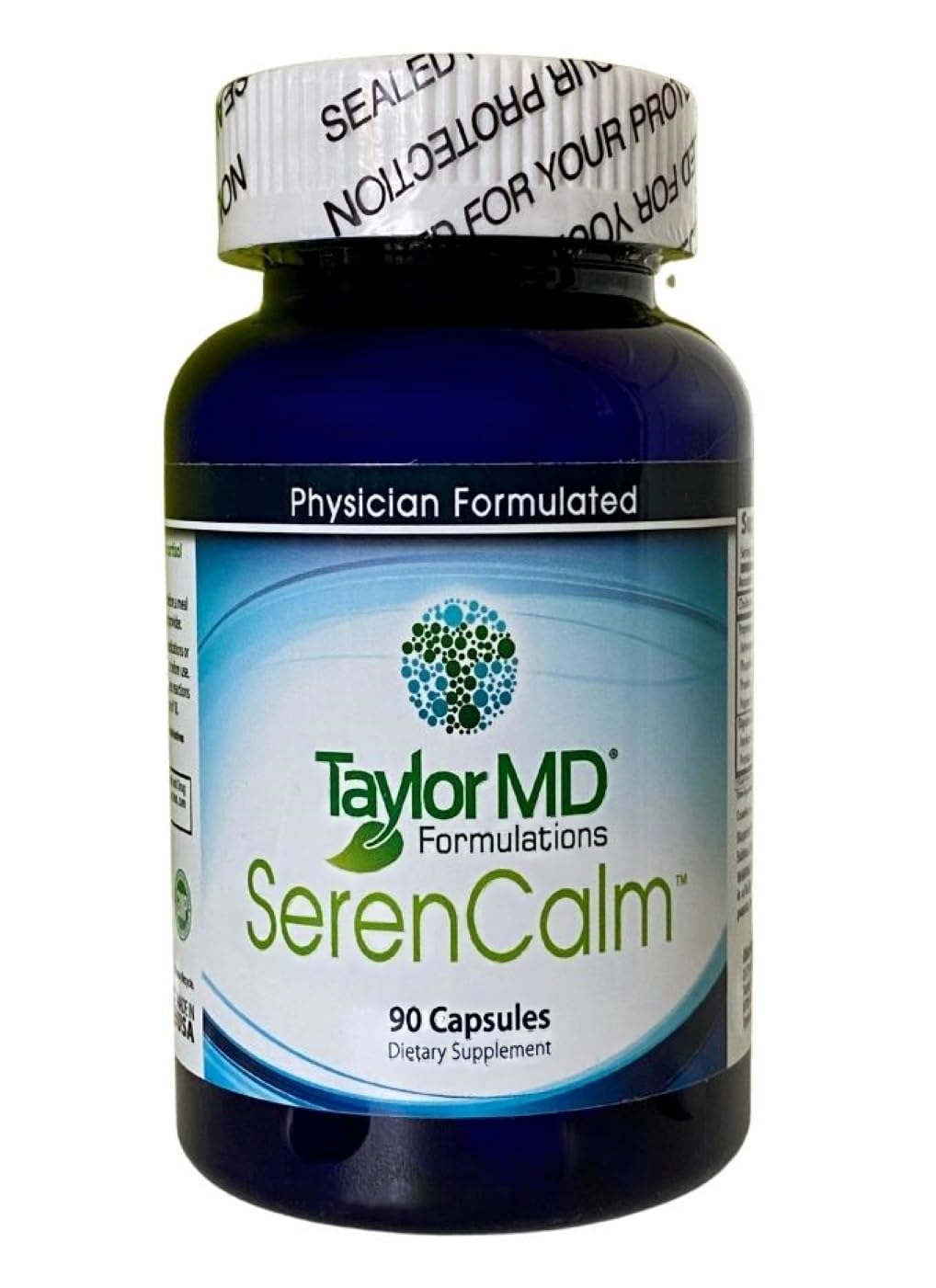 Taylor MD SerenCalm bottle on white background supports daily calm and focus.