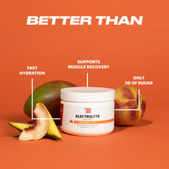 Scoop of TB12 Electrolyte Powder Peach Mango measuring a serving for hydration