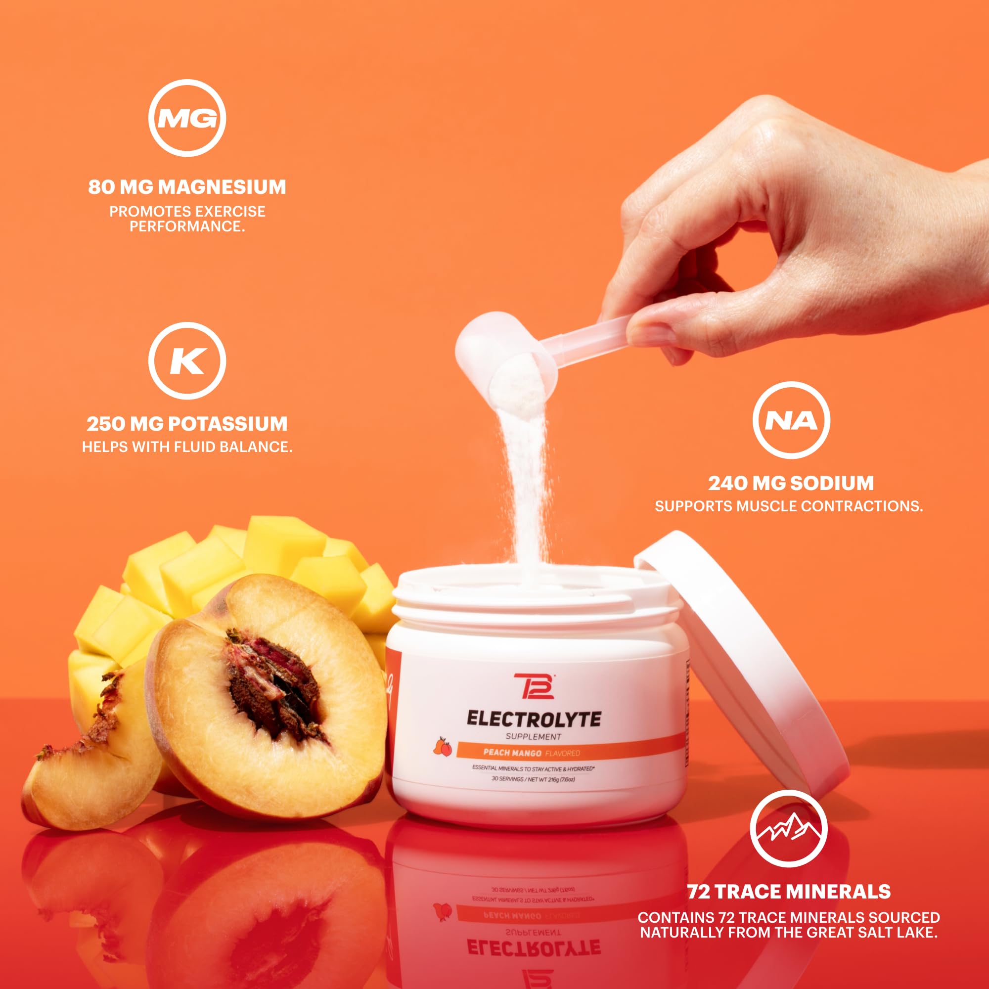 TB12 Electrolyte Powder Peach Mango on a portable bottle for on-the-go hydration