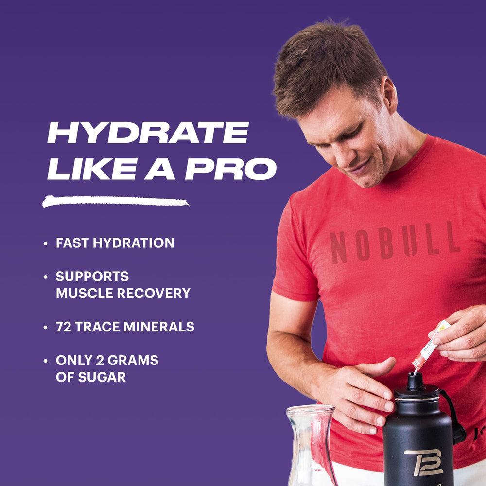 TB12 electrolyte packet dissolving in water for fast refreshing hydration
