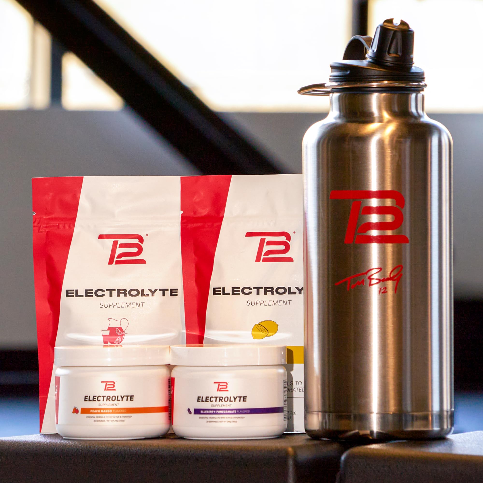 TB12 Electrolytes Peach Mango on-the-go use supports sustained hydration.