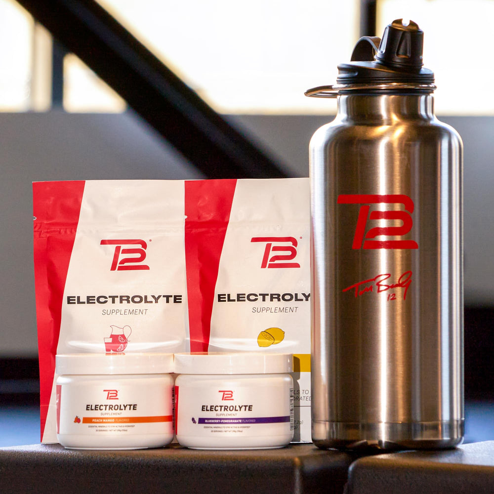 TB12 Electrolytes Peach Mango on-the-go use supports sustained hydration.