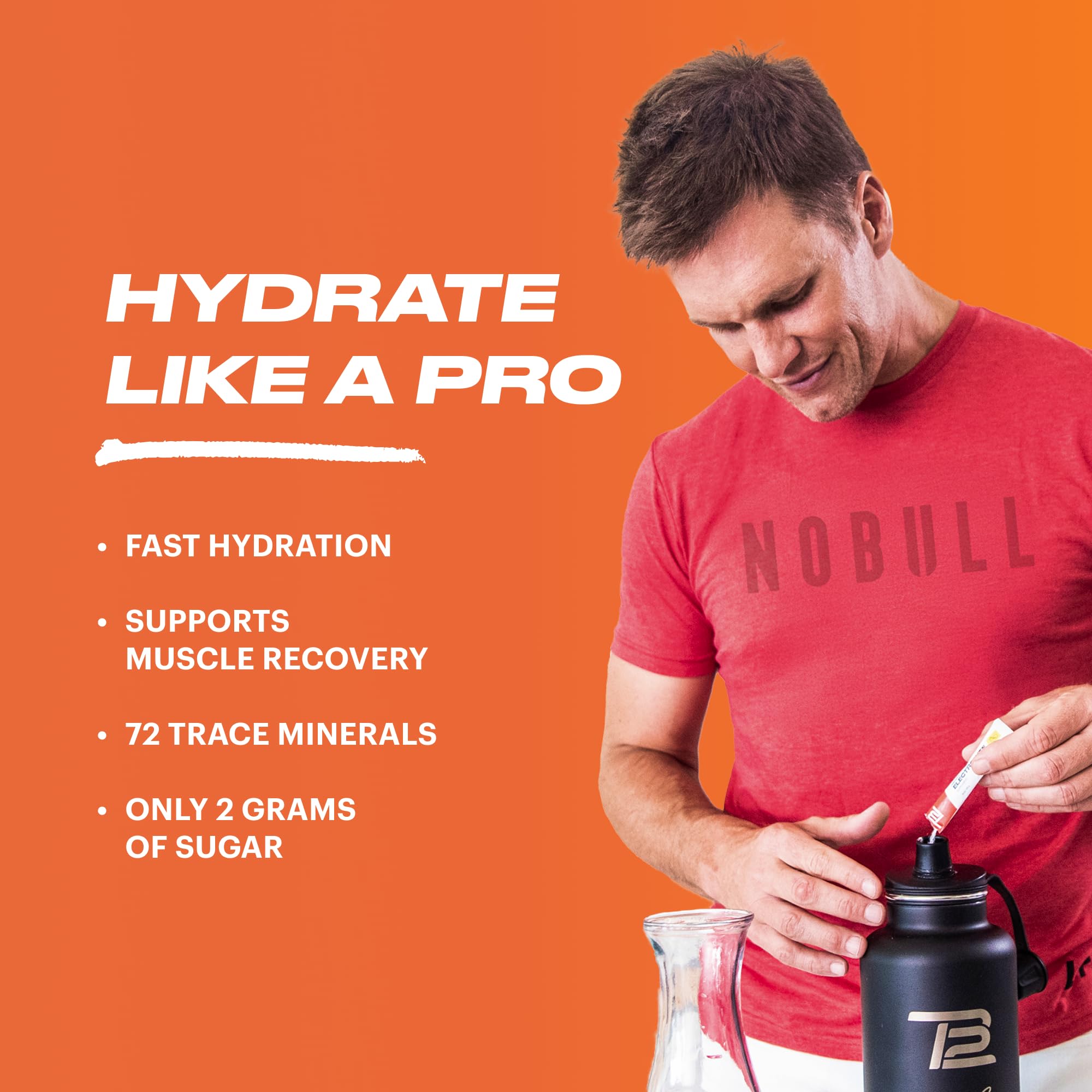 TB12 Electrolytes Peach Mango pour into water for fast hydration.