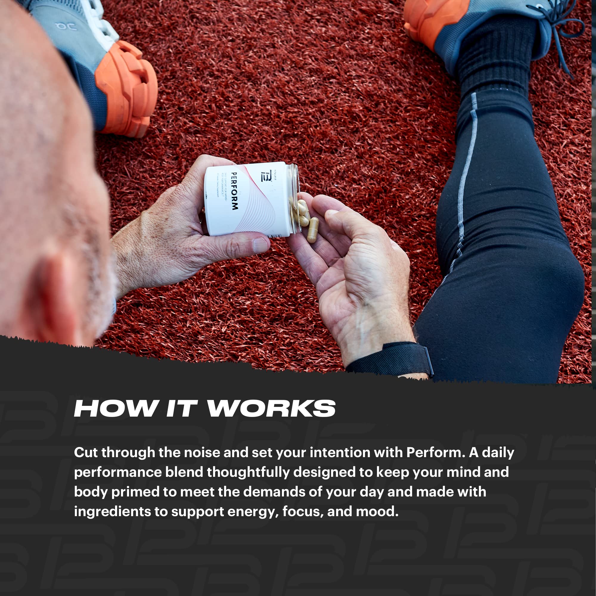Close-up of TB12 Perform capsules suggesting focus and sustained mood