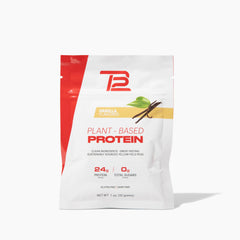 TB12 vanilla plant-based protein powder with scoop ready to blend into a dairy-free shake