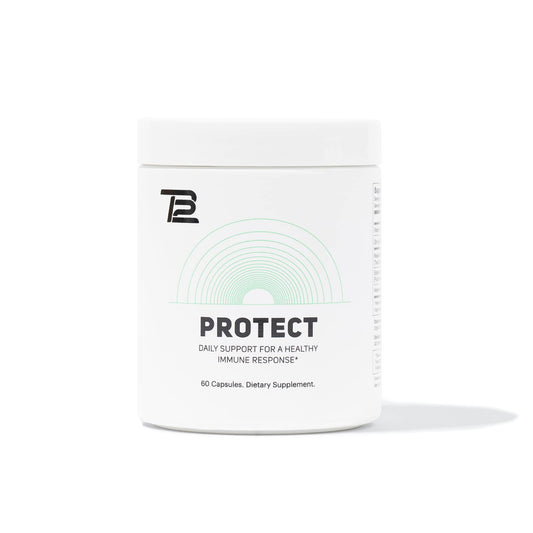 TB12 Protect bottle close-up highlighting daily immune support for active lifestyles
