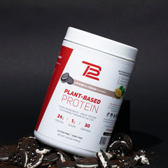 TB12 vegan dairy-free pea protein jar emphasizing clean sustainable nutrition