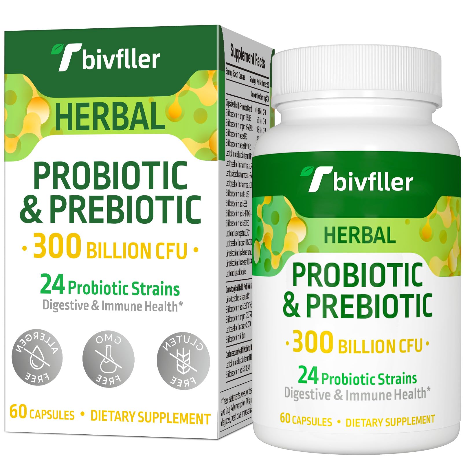 Tbivfller Probiotics 300B CFU bottle highlights daily gut support