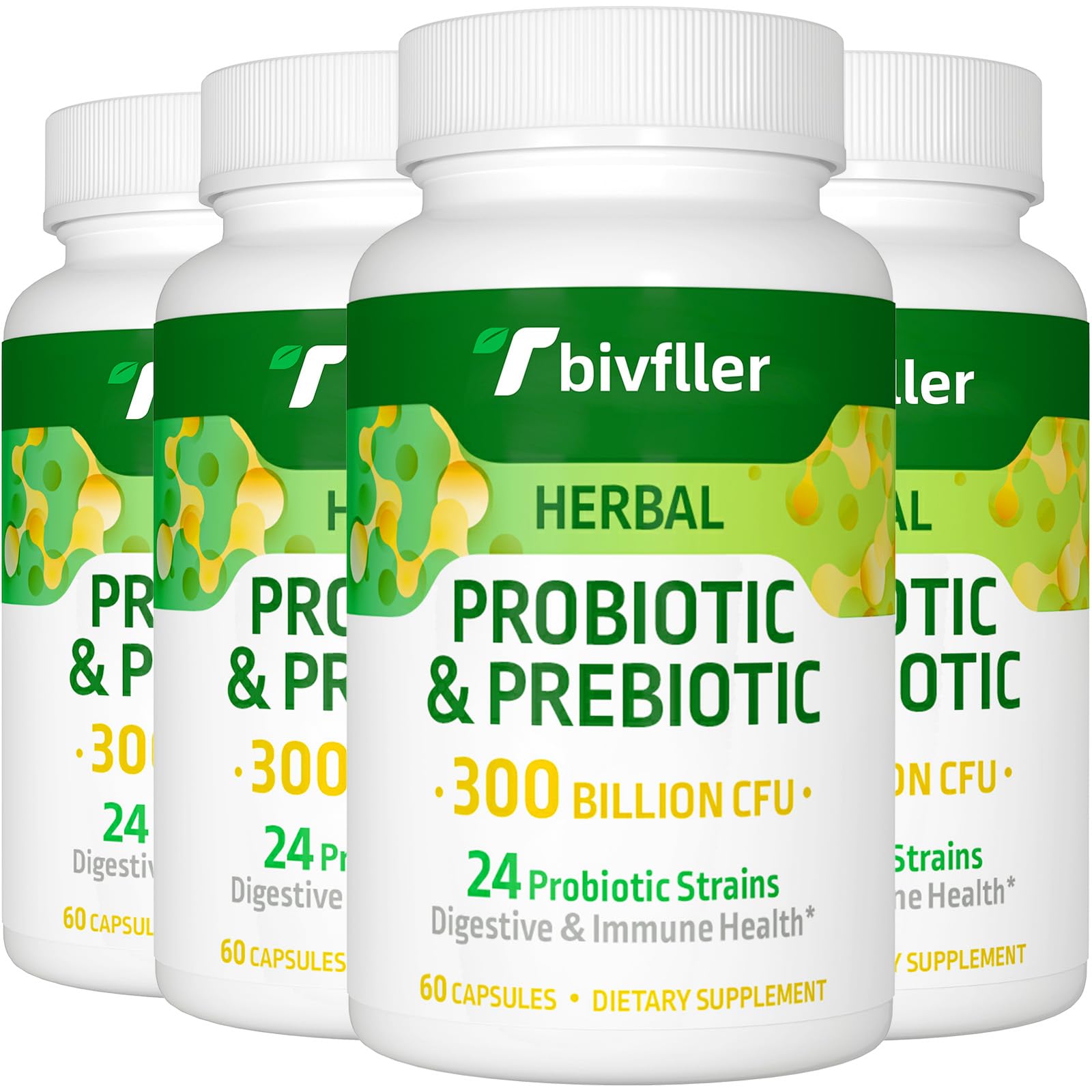Tbivfller Probiotics bottle showing 300B CFU for daily digestive support