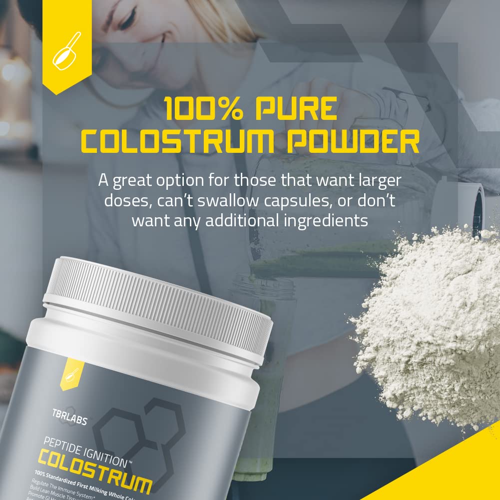 Texture close-up of TBR Labs Colostrum powder indicating fine consistency ideal for mixing.