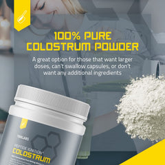 Texture close-up of TBR Labs Colostrum powder indicating fine consistency ideal for mixing.