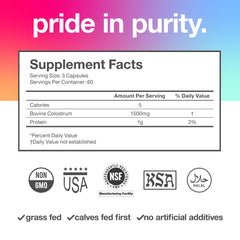 TBR Labs Pure Bovine Colostrum label close-up showing US origin and first milking quality.