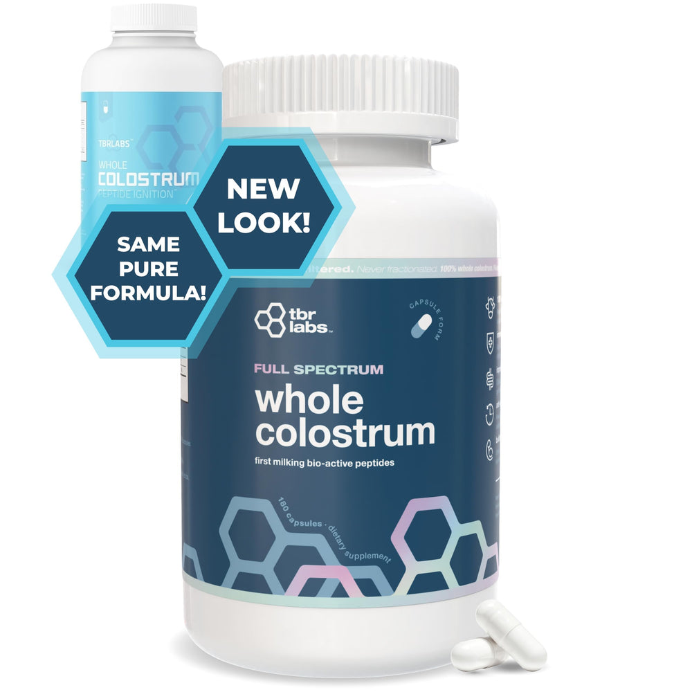 TBR Labs Pure Bovine Colostrum capsules for easy daily dosing and gut-friendly routines.