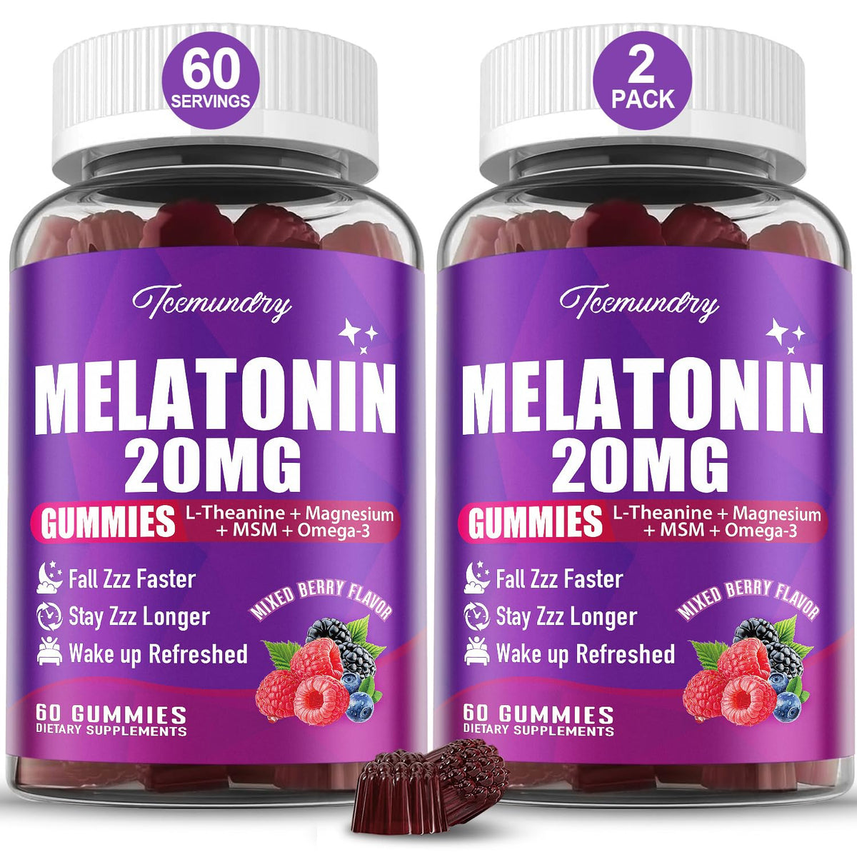 TCemundry Melatonin Gummies bottle label highlights 20 mg formula for adults