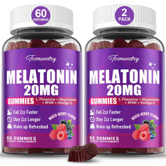 TCemundry Melatonin Gummies bottle label highlights 20 mg formula for adults