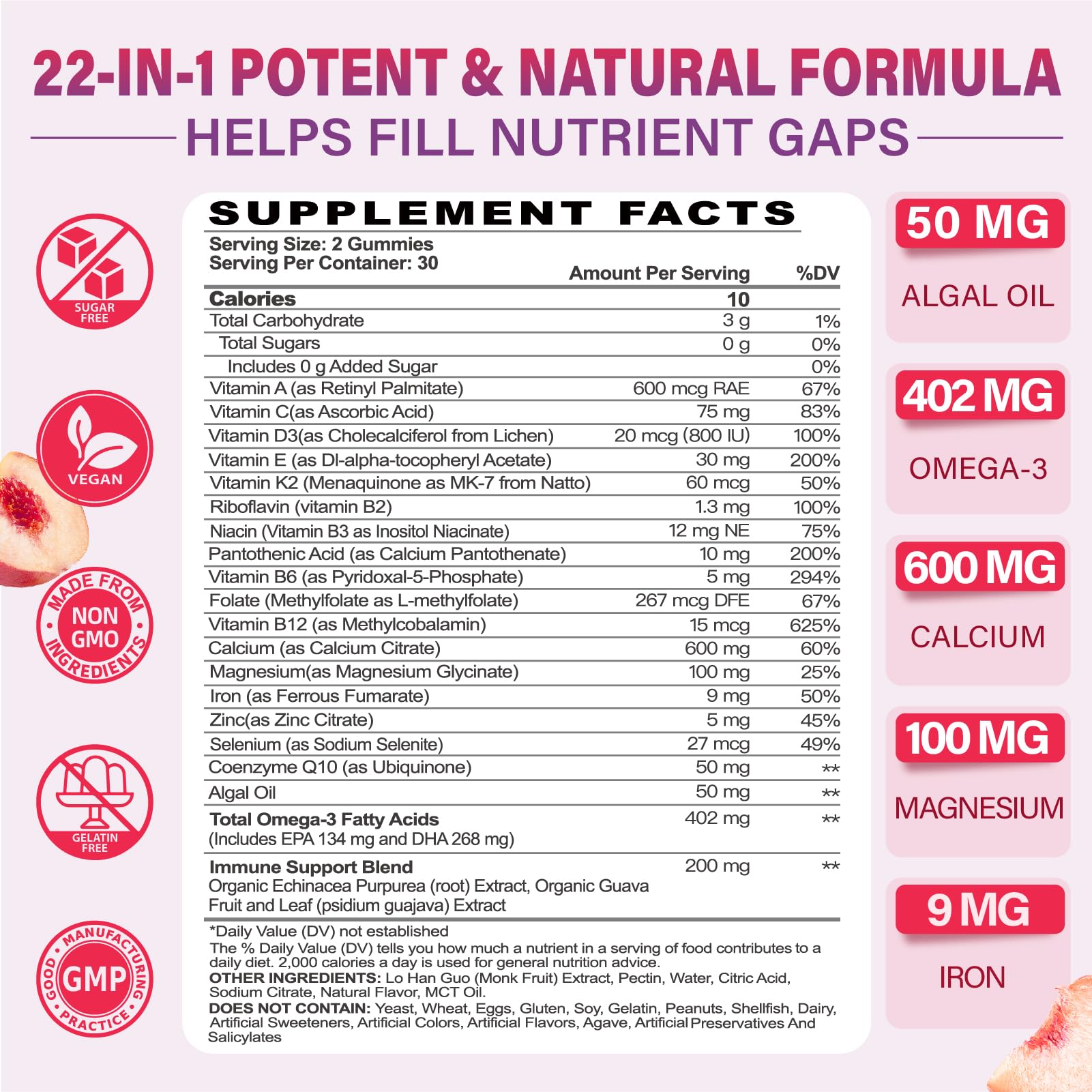 Tcemundry multivitamin gummies for women 50+ close-up, delicious peach flavor that supports daily vitality.