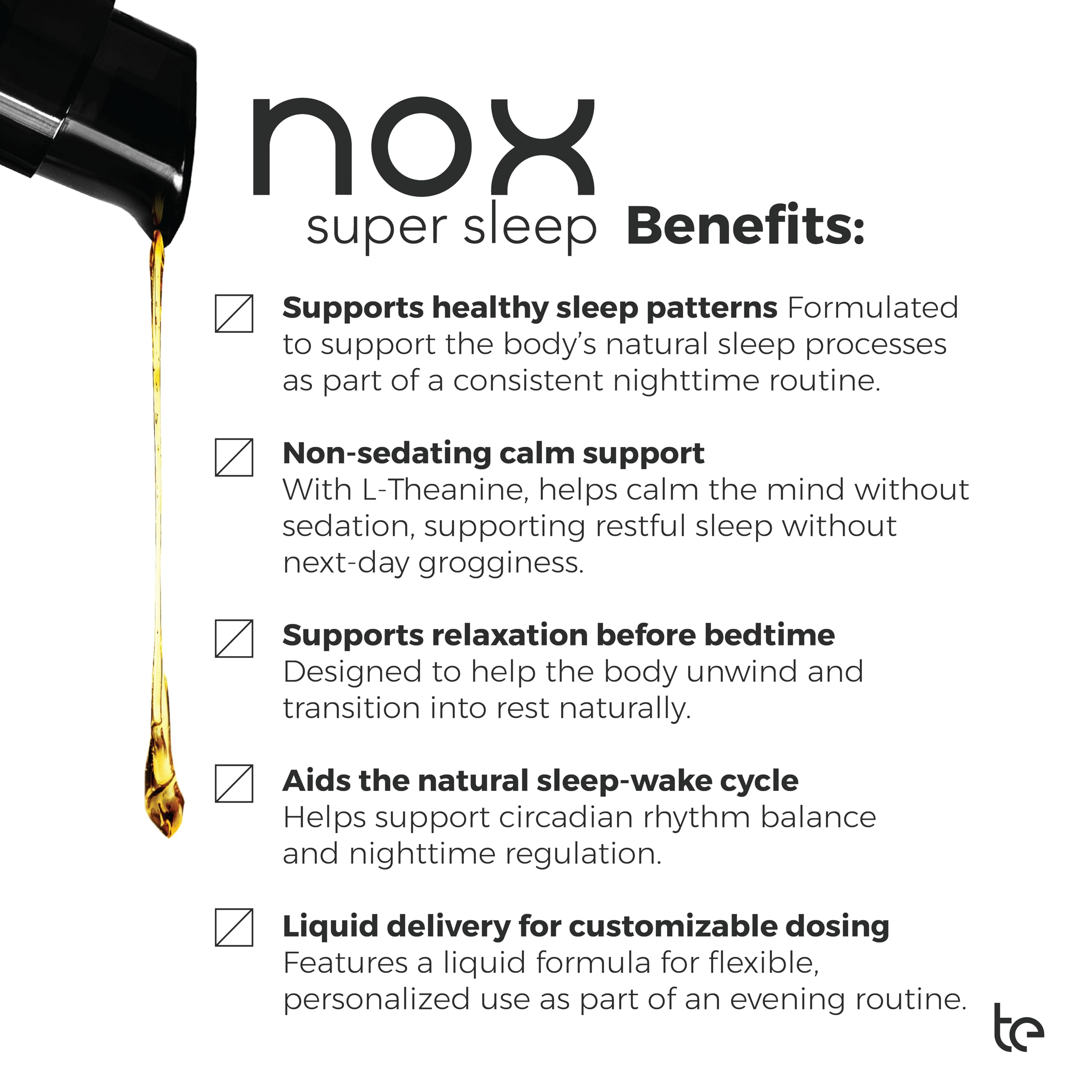 te USA Nox Super Sleep ingredients panel highlights melatonin and GABA for calming support.