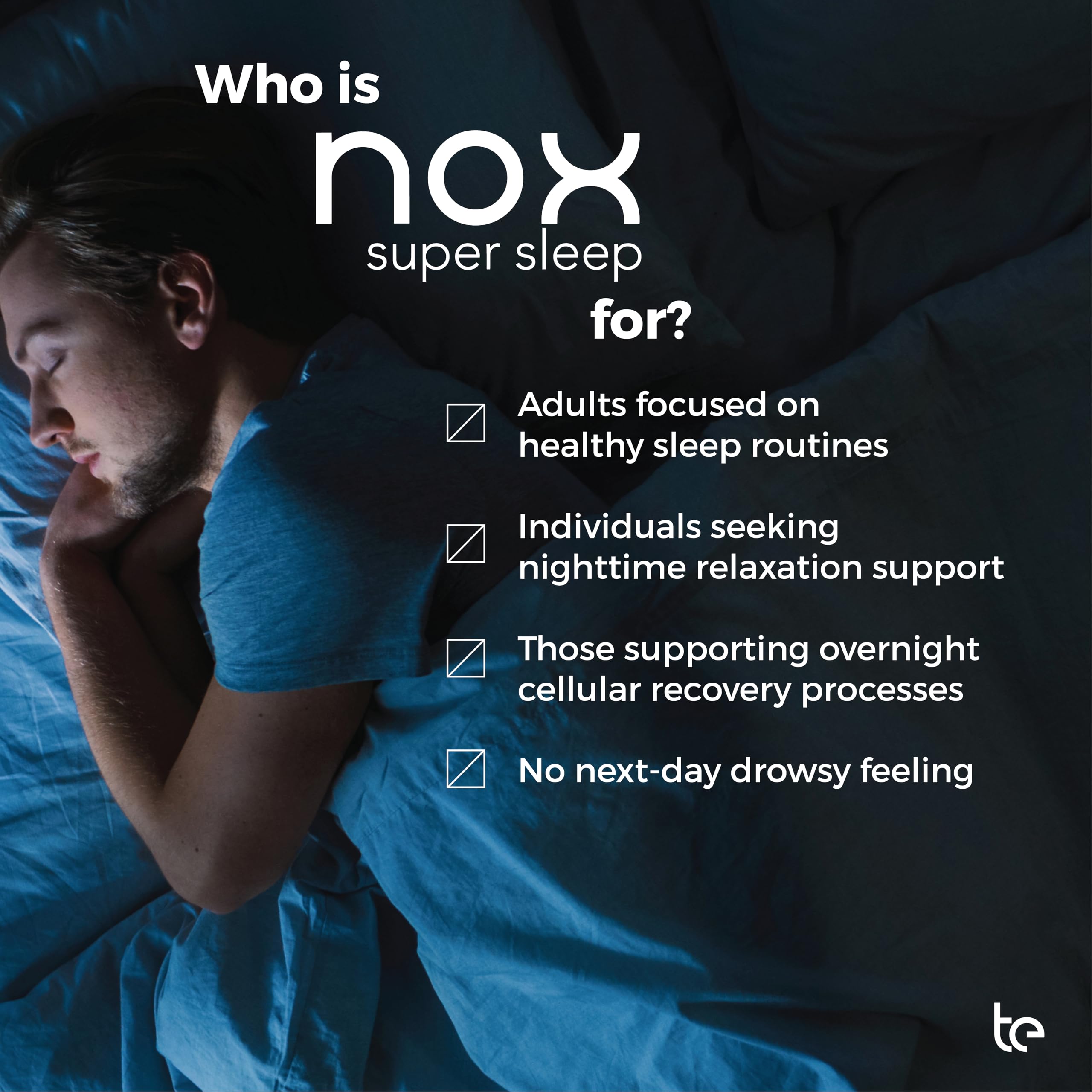 te USA Nox Super Sleep relaxation scene promoting peaceful pre-bed routine.