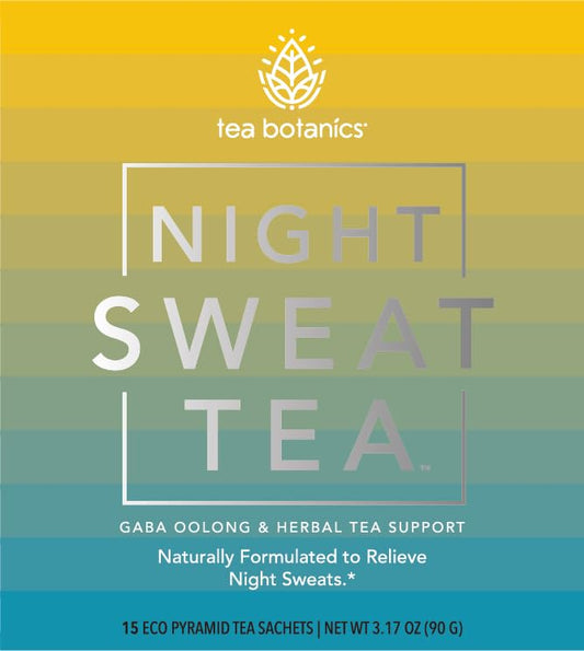 Tea Botanics Night Sweat Tea bottle label showing organic blend for night sweats relief.