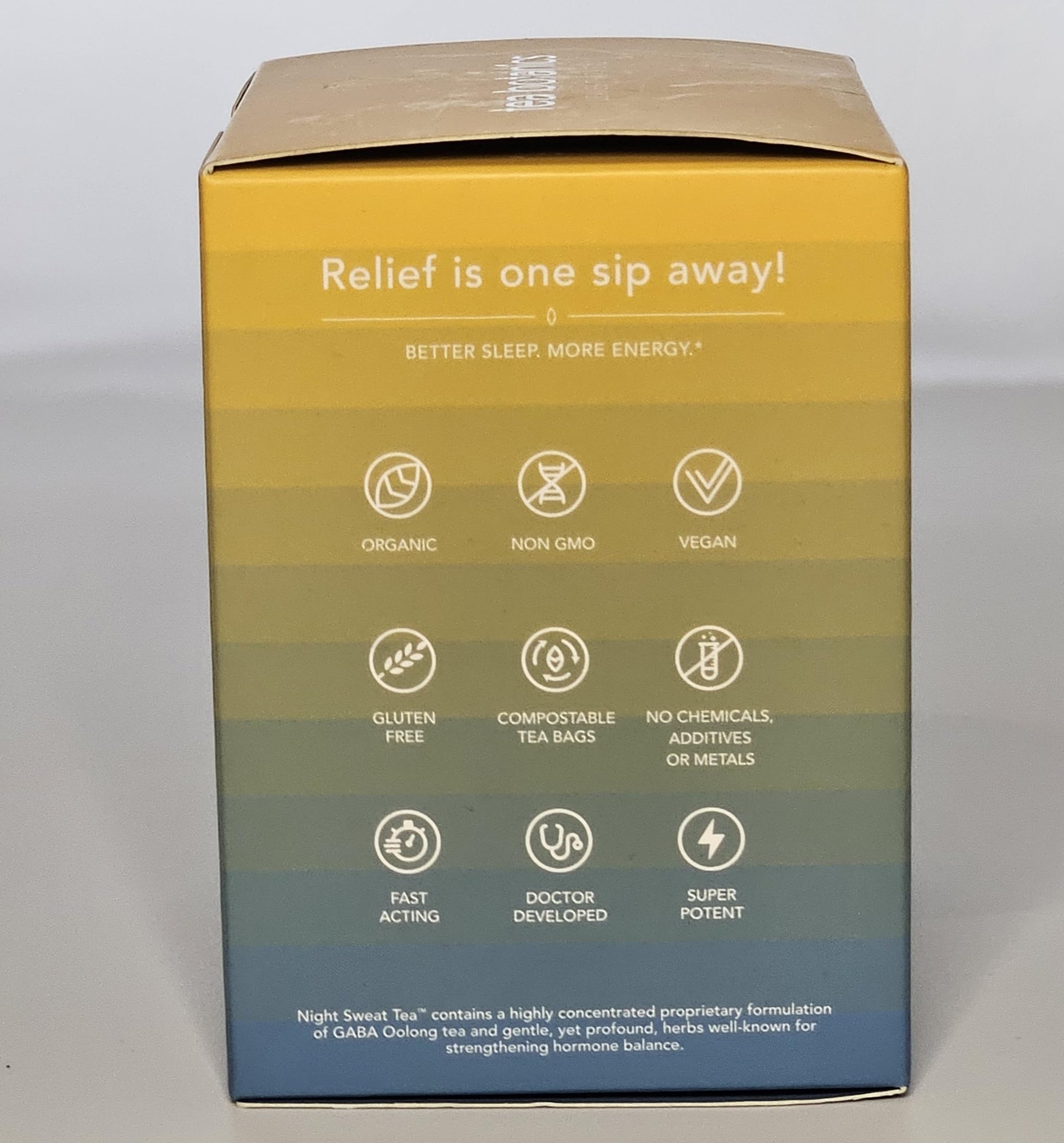 Tea Botanics Night Sweat Tea box highlighting organic formula for menopause support.