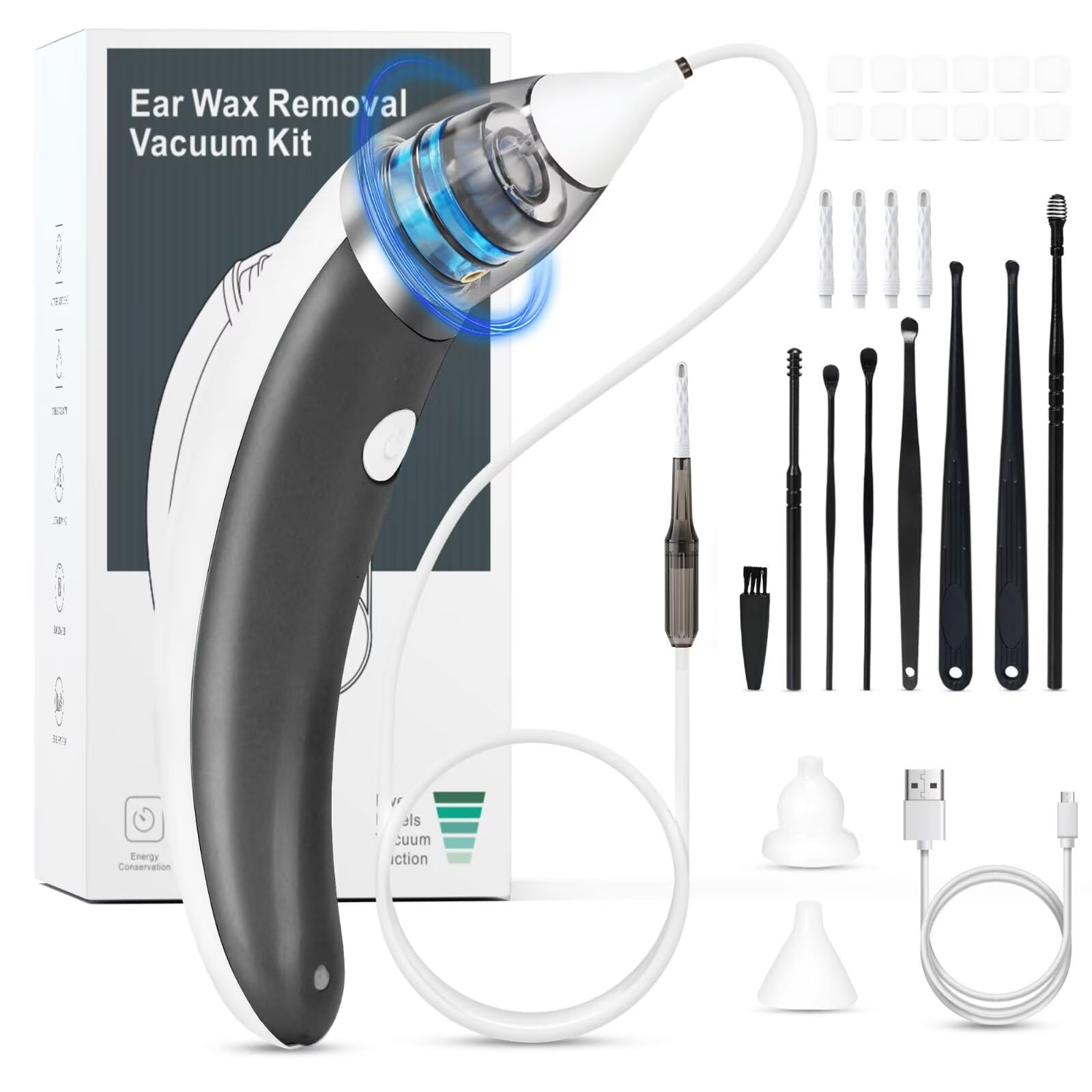 TEADZ ear vacuum kit with five suction levels for customizable at-home earwax removal.