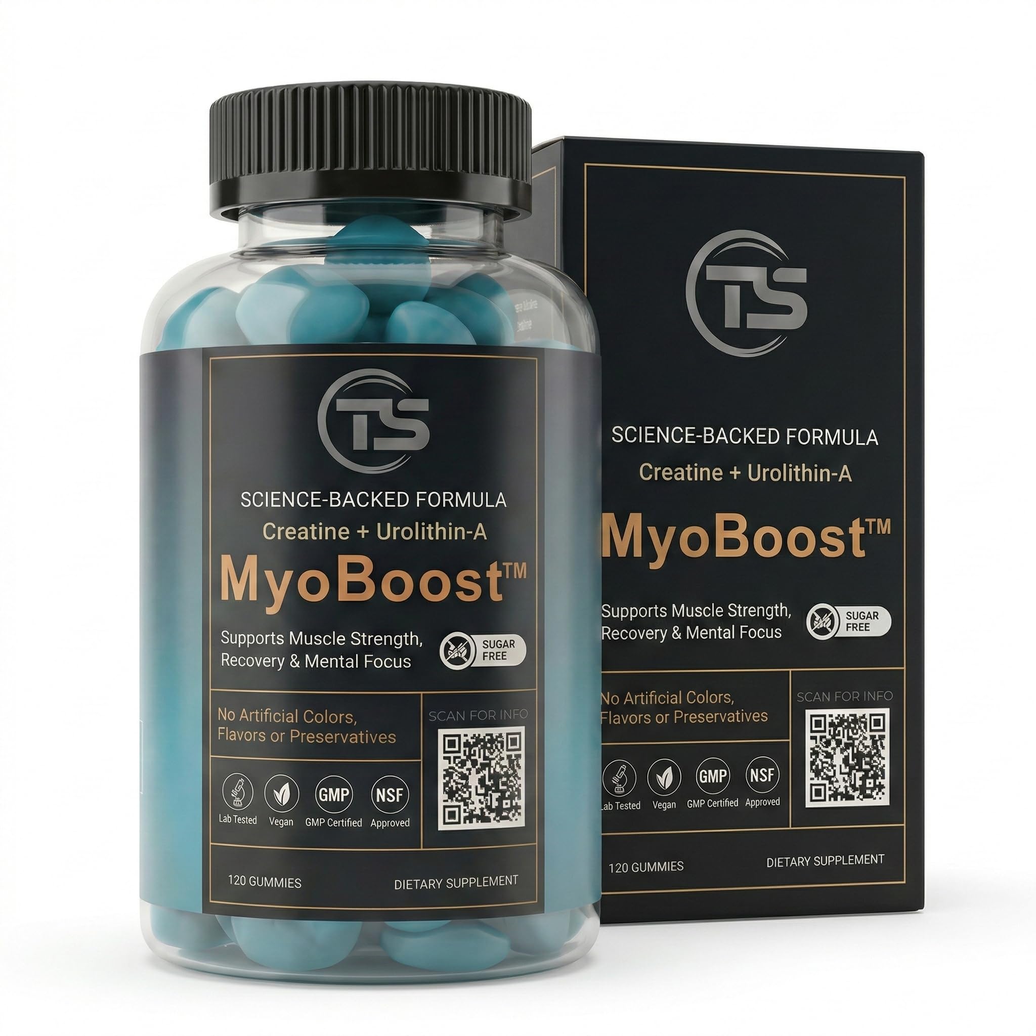 Teal Skyes MyoBoost bottle closeup showing convenient gummies for on-the-go muscle support.