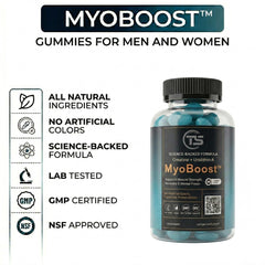 Teal Skyes MyoBoost gummies in hand illustrate easy daily use.