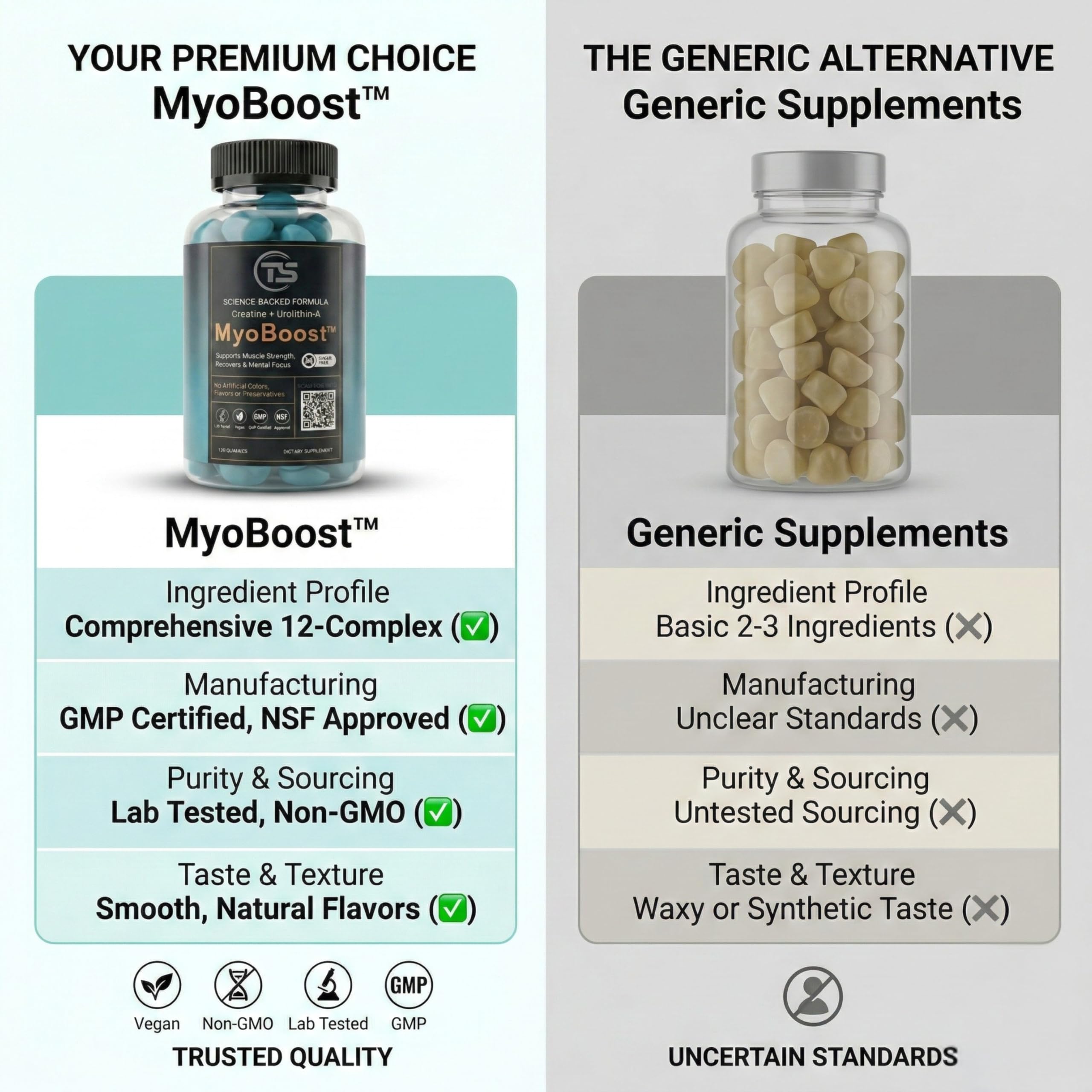 Teal Skyes MyoBoost packaging front emphasizing vegan, sugar-free formula.