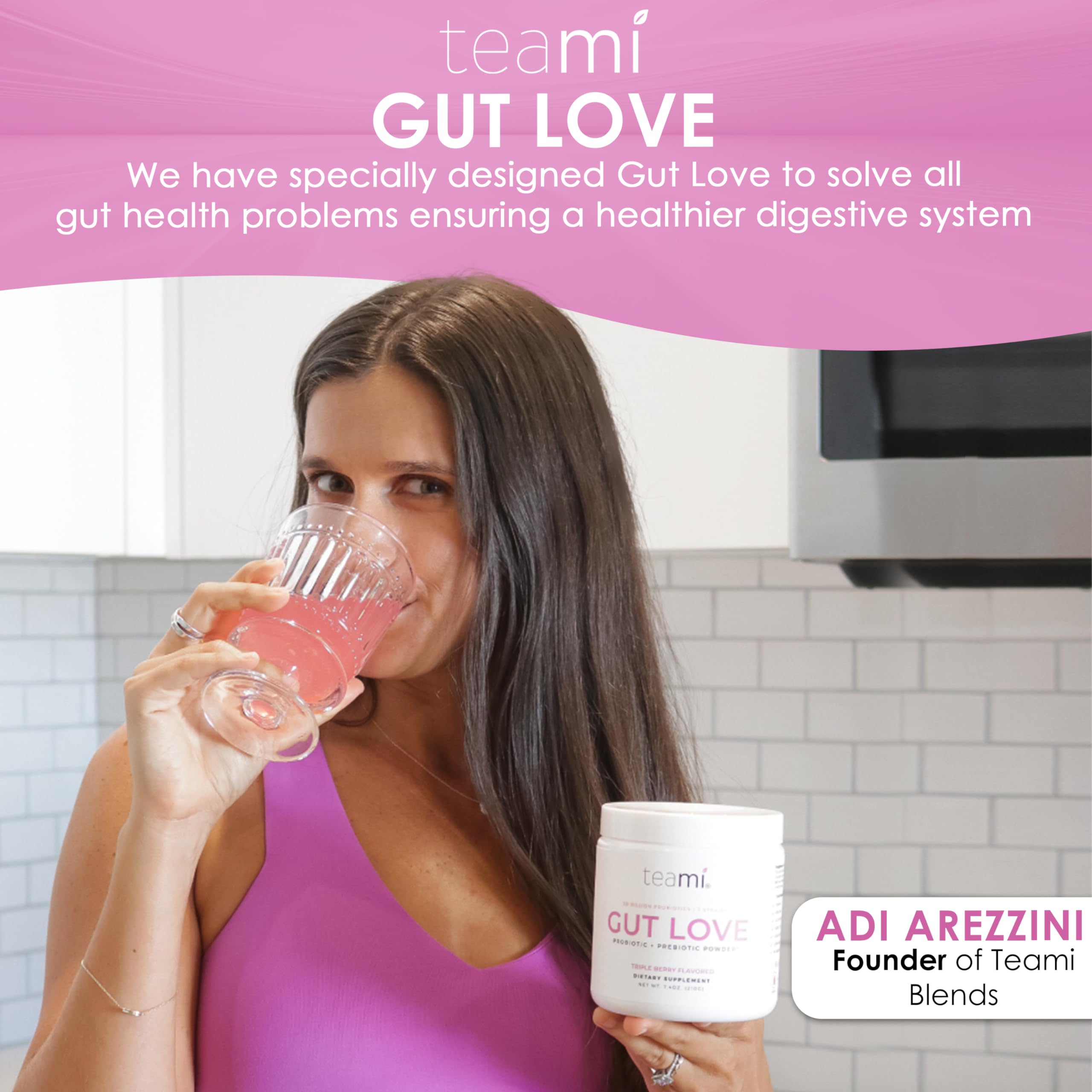 Glass of water with Teami Gut Love powder dissolving smoothly.