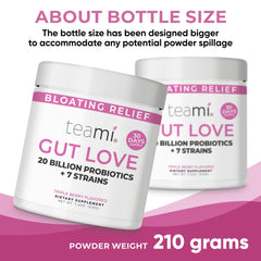Teami Gut Love bottle label highlights ingredients for gut health.