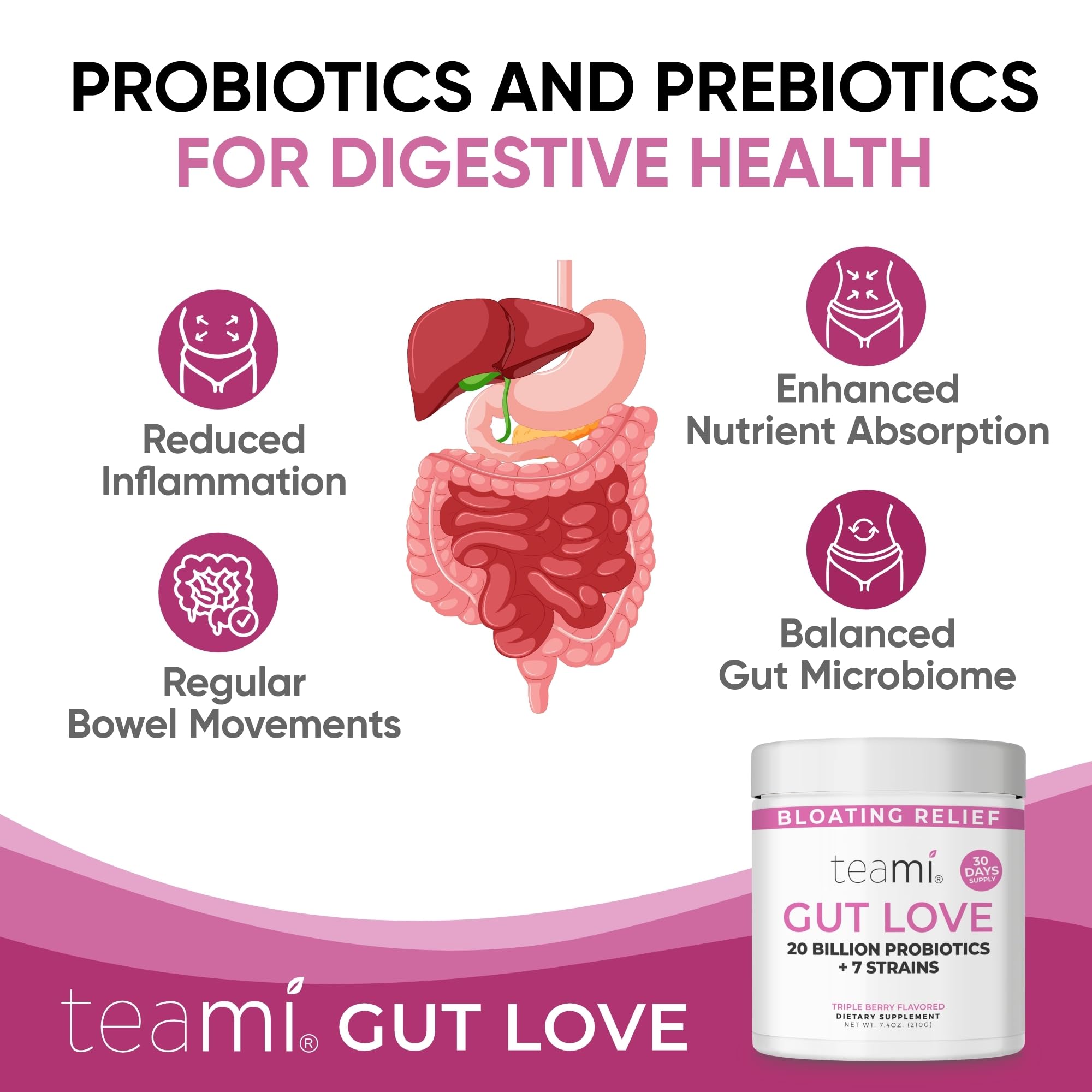 Close-up of Teami Gut Love triple berry flavor and label.