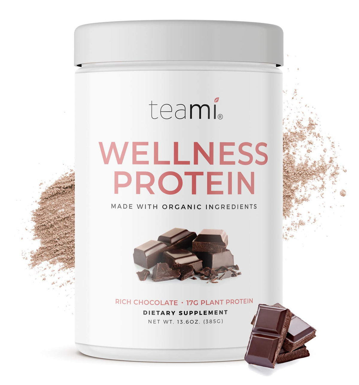 Teami Vegan Chocolate Protein Powder tub closeup shows smooth texture for easy shakes