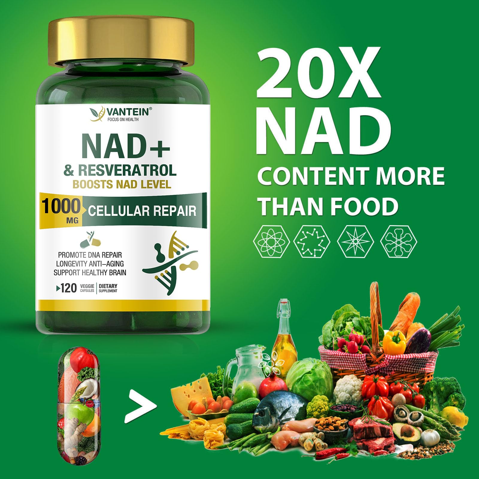TEATTY NAD+ Plus bottle top; handy daily dosage reminder for consistent renewal.
