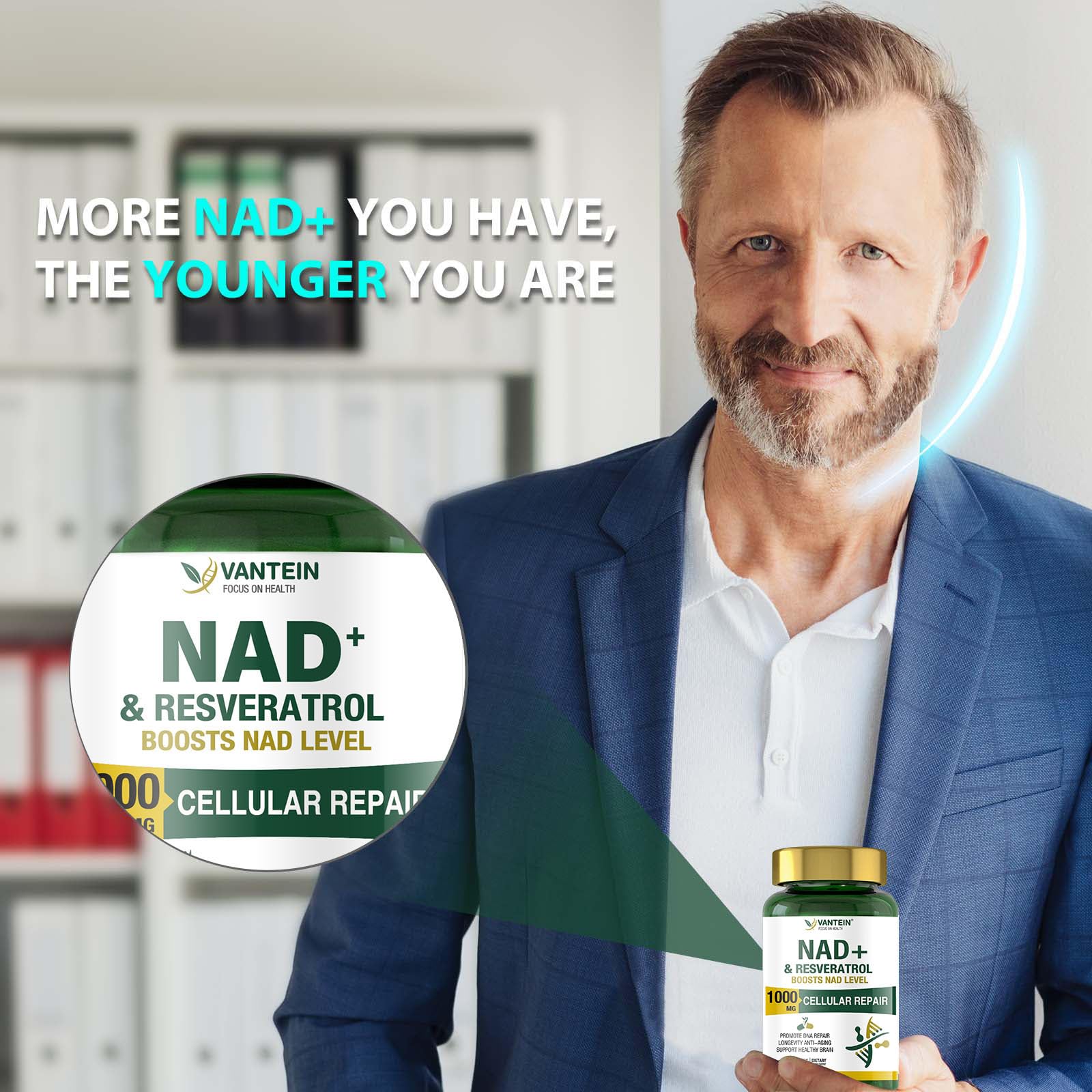 TEATTY NAD+ Plus capsules closeup; easy-to-take capsules for daily energy and metabolic support.