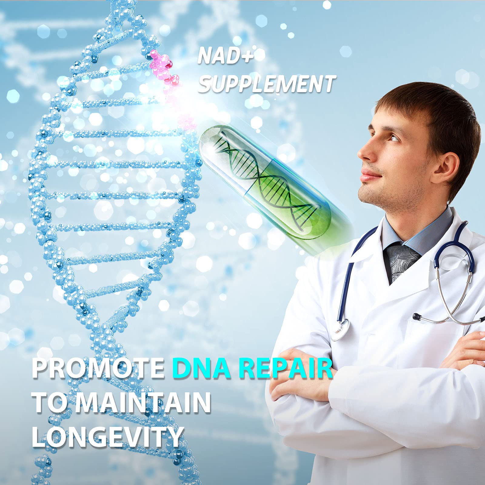 TEATTY NAD+ Plus ingredients chart; highlights resveratrol and NAD+ blend benefits.